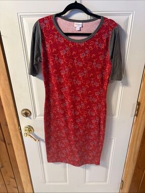 LuLaRoe Red Floral-Scroll Midi Dress with Gray Sleeves Size Medium